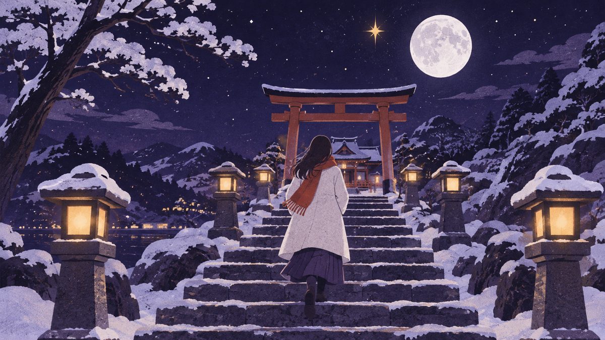 冬の夜、雪の残る神社の石段をのぼる女性の後ろ姿。空には大きな月と明るい星が一つ