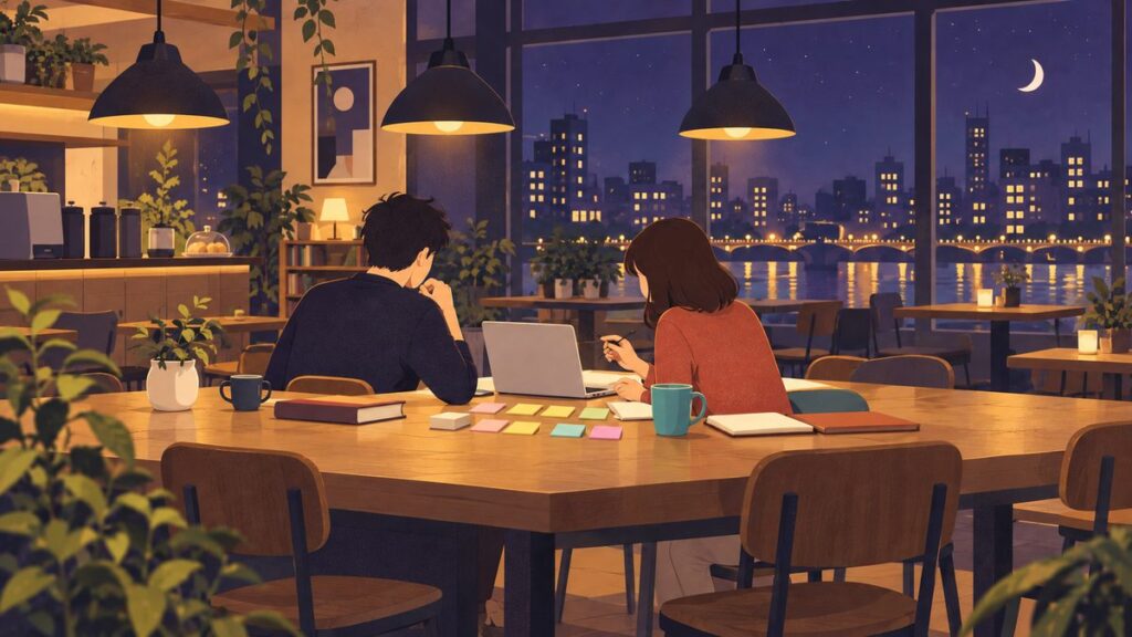 カフェの大きなテーブルで、2人がノートパソコンと付せんを広げて一緒に企画を考えている様子を、少し離れた位置から描いた絵