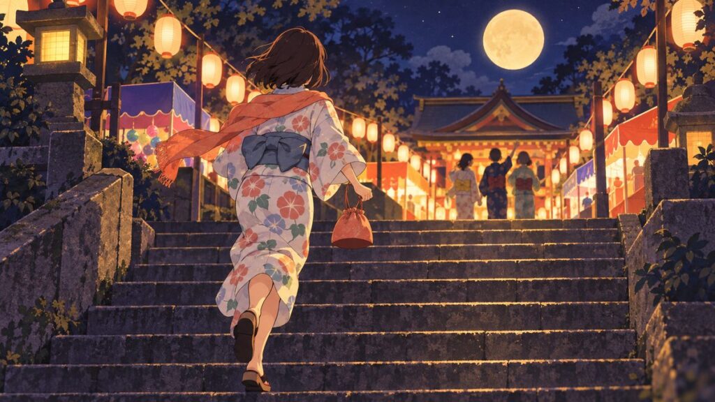 夏の夜祭りの石段を、提灯の明かりに向かって軽やかに駆け上がる女性の後ろ姿です