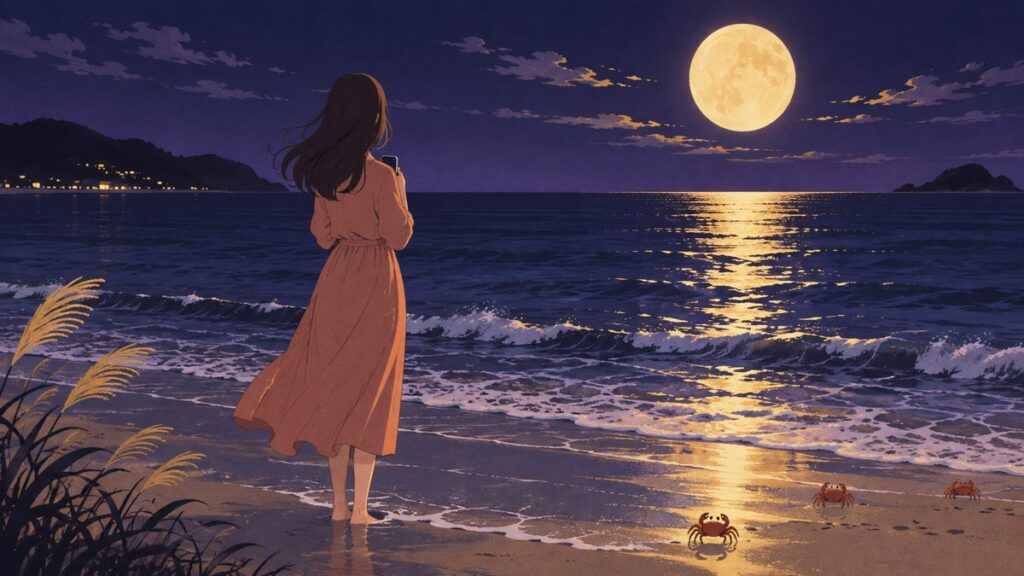 月の出た夜の海辺で、波打ちぎわに立ってスマホを胸にあてている女性の後ろ姿です