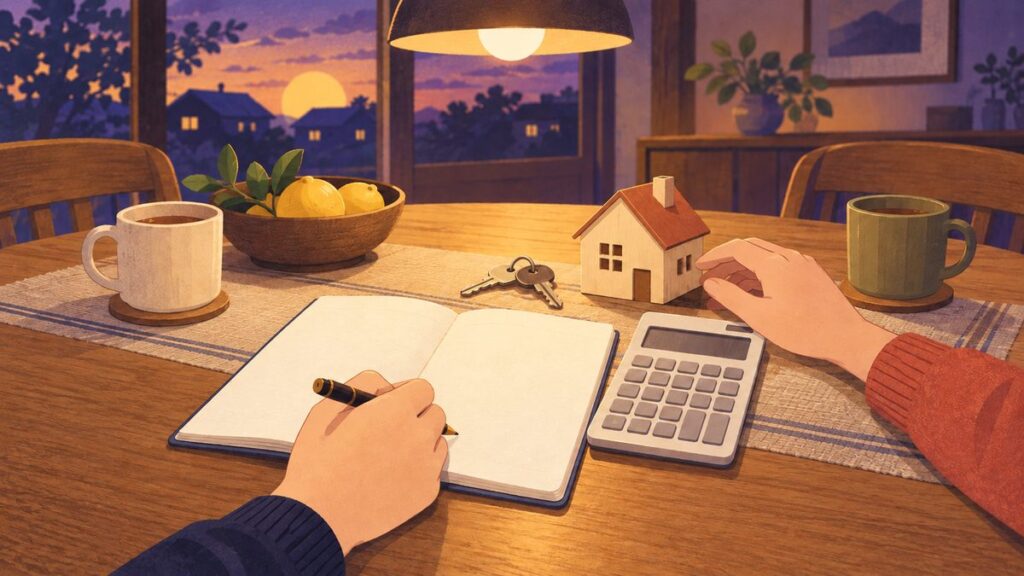 食卓の上で、家計を書きこむノートと電卓、家の鍵、小さな家の模型に手を添えている手元の絵