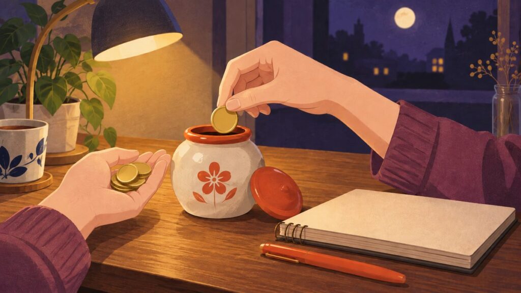 机の上で、両手が金色の硬貨を小さな朱色のふたのつぼに入れている