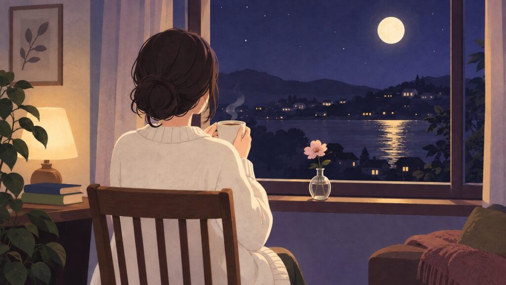 夜、窓辺のいすに女性が後ろ姿で座り、カップを両手で持っている
