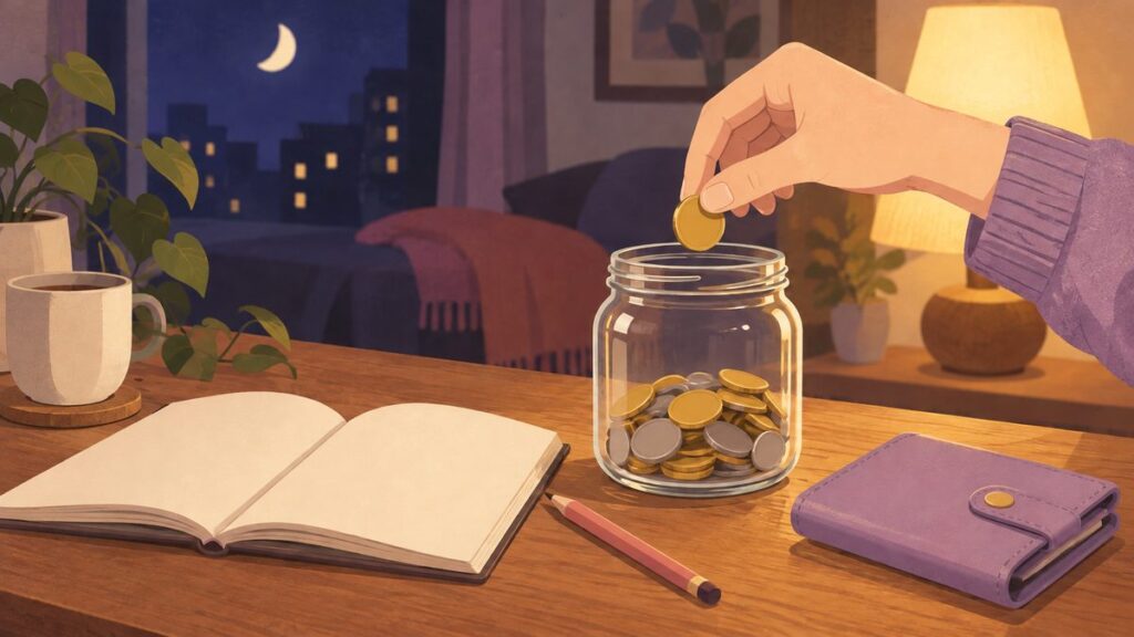 テーブルの上で、ガラスの貯金びんに硬貨を1枚入れようとしている手元と、その横の開いたノート