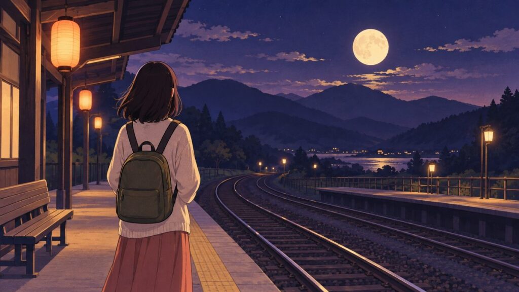 夜の駅のホームで、リュックを背負った女性の後ろ姿が、遠くへ続く線路と、その先の山並みの上に浮かぶ月を見ている絵