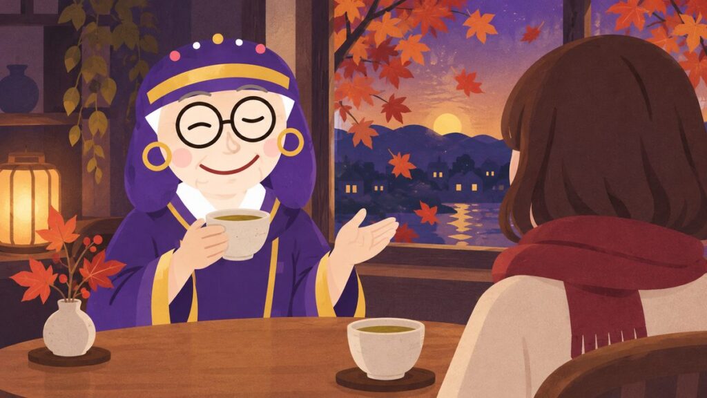 占いババアが秋の落ち葉が見える窓辺で、湯のみを手に、向かいに座る女性（後ろ姿）に笑顔で話しかけている