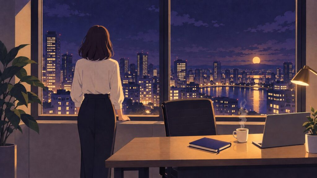 夜のオフィスの窓辺で、女性が後ろ姿で街の明かりを見ている