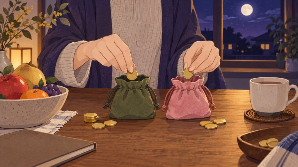 木のテーブルの上で、モスグリーンとローズピンクの小さな巾着に、硬貨を分けて入れている手元です