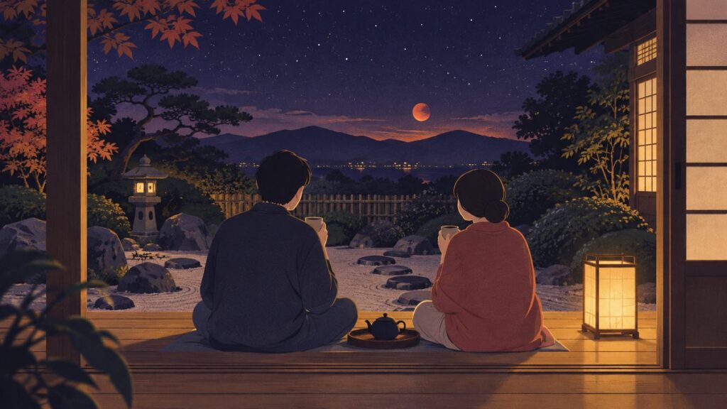 灯りのともる縁側で、二人がお茶を前にゆっくり話している遠景です