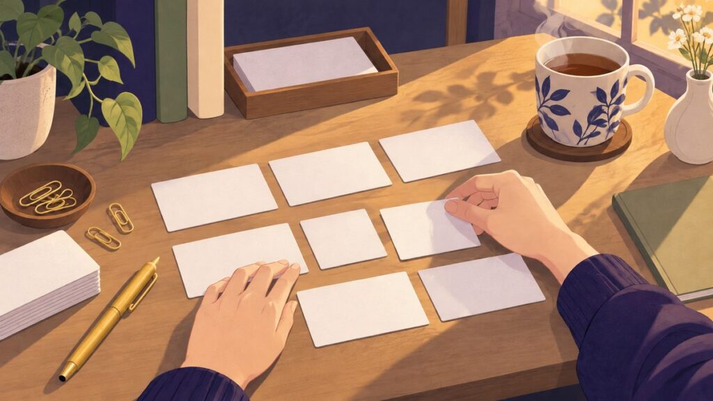 机の上で、両手が何も書いていないカードを順番に並べている
