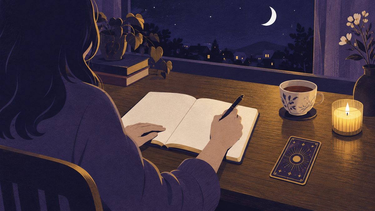 テーブルの上で、女性の手がノートに書きこんでいて、そのわきに伏せたタロットカードが一枚だけ置かれている。ノートと手元を大きく描き、カードは小さく添える
