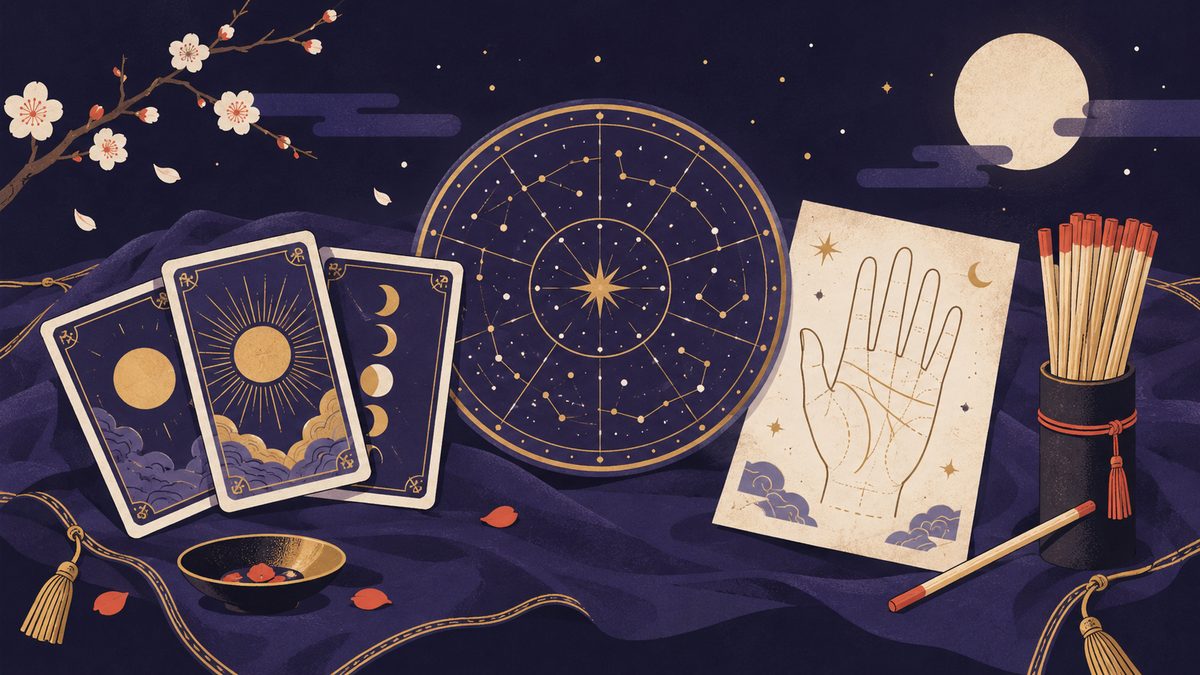 布の上にタロットカード、星図、手相の線を描いた手の形の紙、筮竹が並んでいる