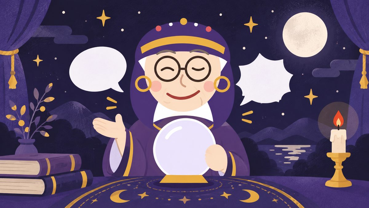 占いババアが、やわらかい言い方と辛口な言い方の両方ができそうな表情で話しかけている
