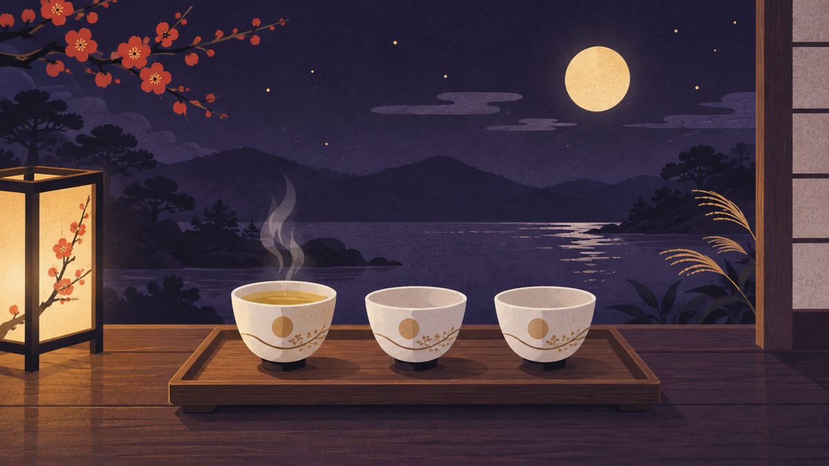 お盆の上に小さなおちょこが3つ並び、1つだけお茶が入っている