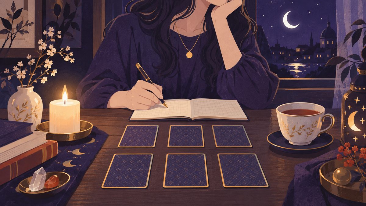 机の上に2つに分かれて並べられたタロットカードの裏面と、その前でメモ帳に書きこむ女性の手元