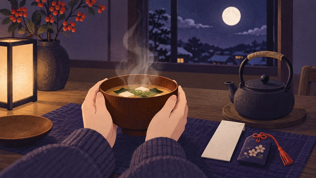夜の台所のテーブルで、女性の手元が湯気の立つみそ汁のおわんを両手で包んでいる