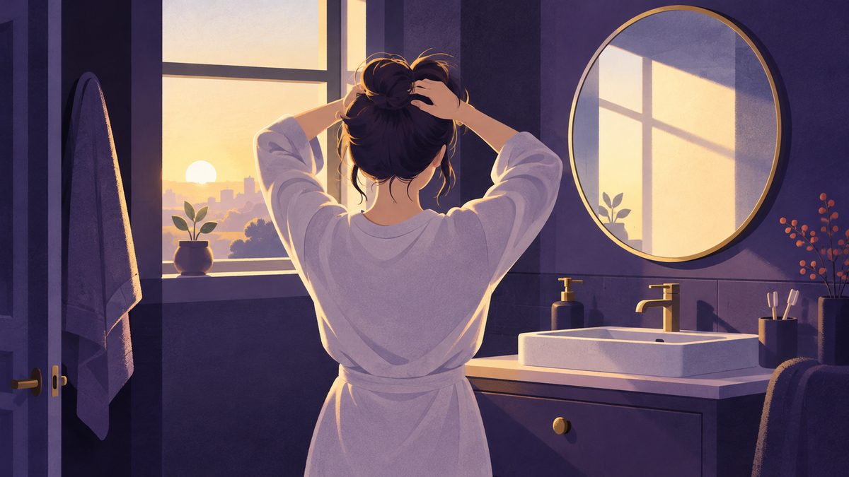 朝の光が入る洗面所で、鏡の前に立つ女性の後ろ姿