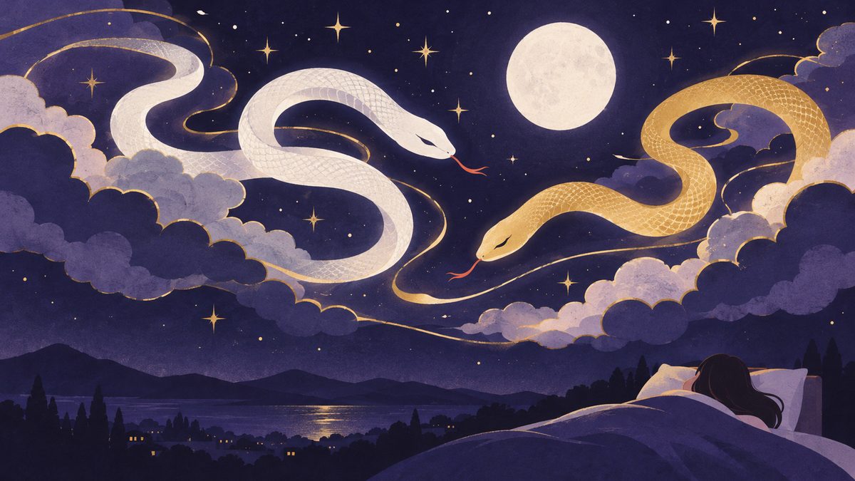 夢の中の夜空に、白い蛇と金色の蛇がゆるやかな曲線を描いて浮かんでいる