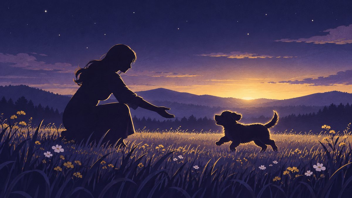 夜明け前の野原で、女性がしゃがんで手をのばし、しっぽをふる子犬が駆け寄ってくる