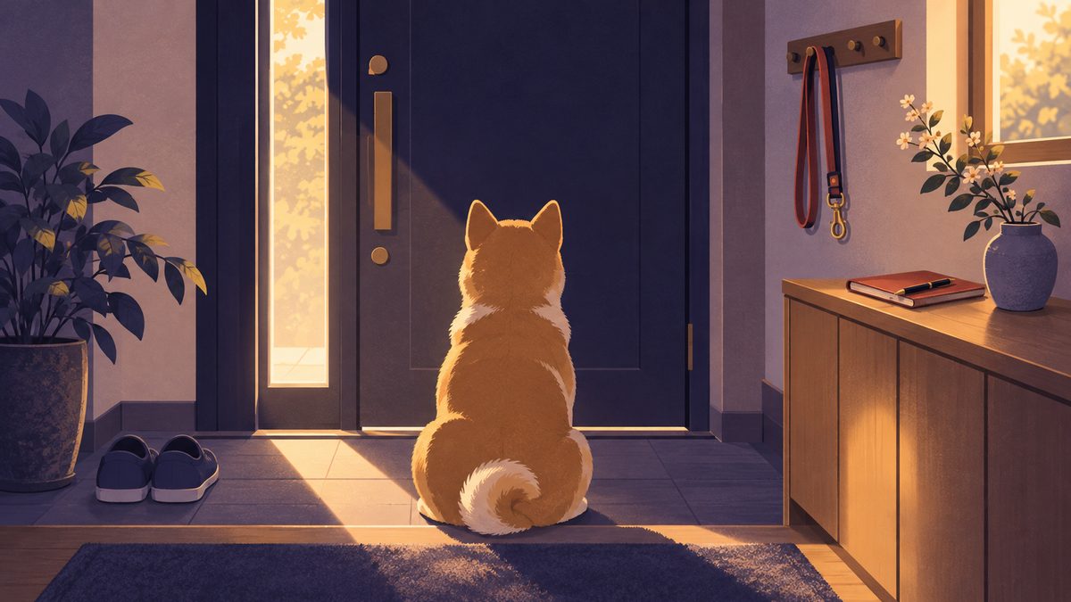 朝の玄関で、リードと小さなノートが置かれた棚と、ドアの前でおとなしく待つ犬の後ろ姿