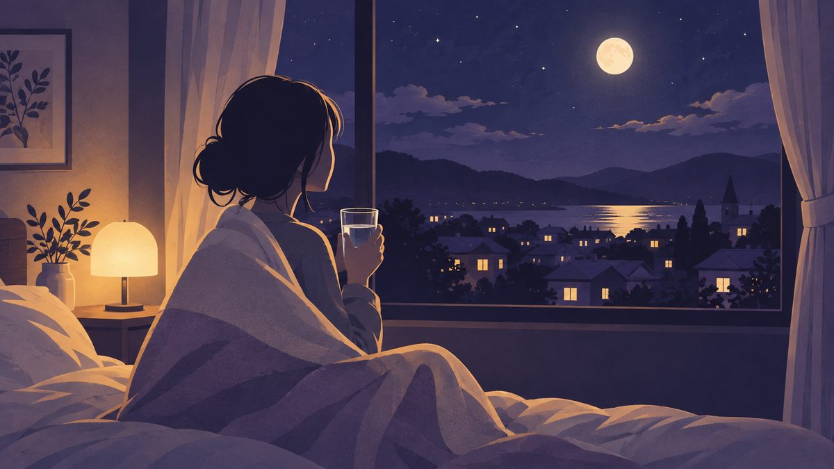 夜中に目が覚めた女性が、小さな明かりをつけた部屋でコップの水を手に、窓の外の静かな月夜を眺めている横顔のシルエット