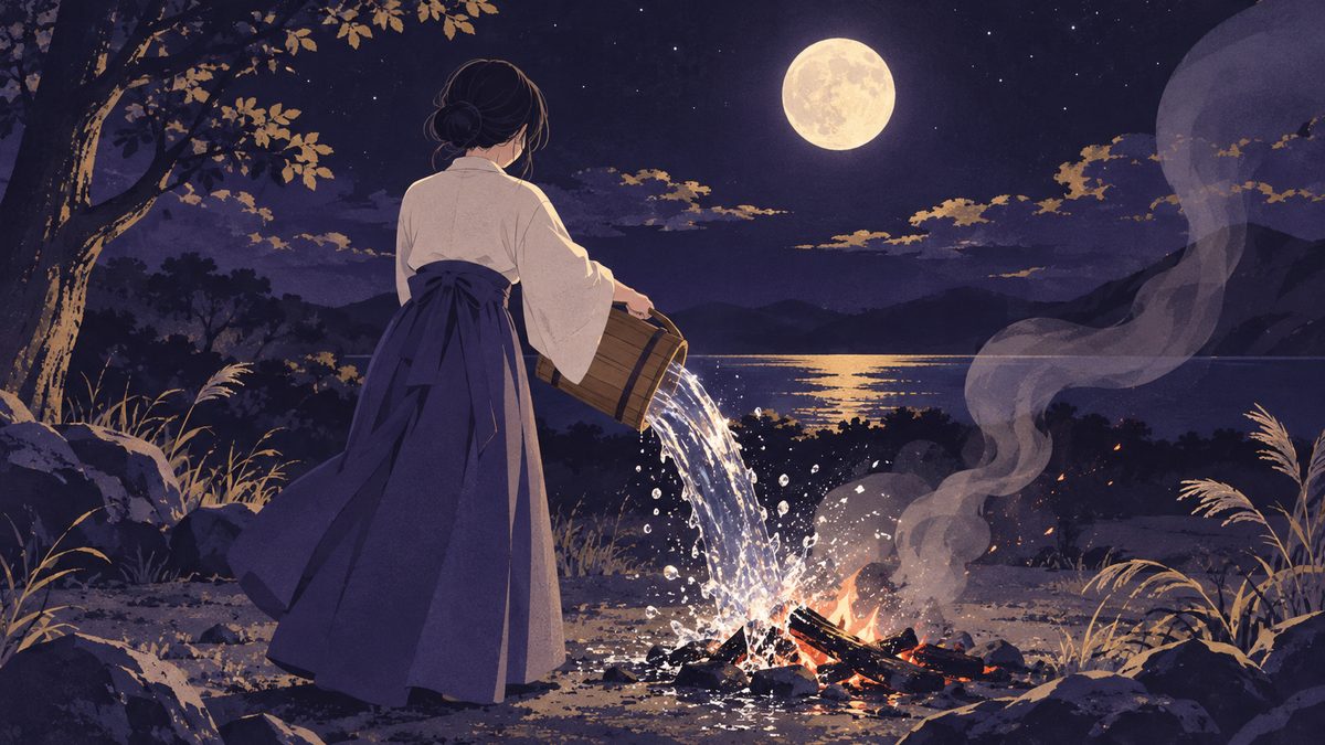 夢の中で、女性が木のおけで小さな炎に水をかけている後ろ姿