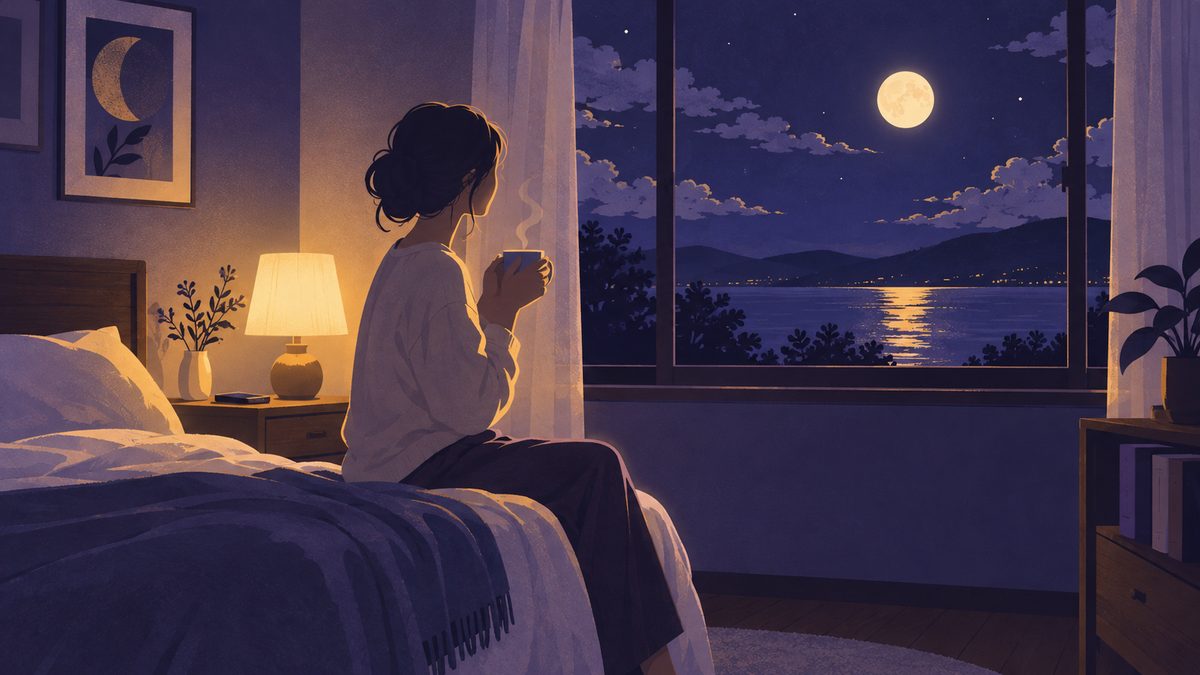 夜の寝室で、女性がベッドの端に座り、温かい飲み物を両手で持ってひと息ついている横顔のシルエット