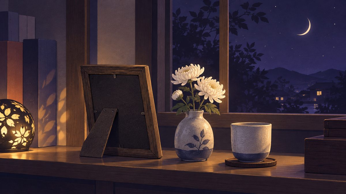夜の部屋の棚に、古い写真立て(中の写真は描かない)と小さな花、湯のみが静かに並んでいる