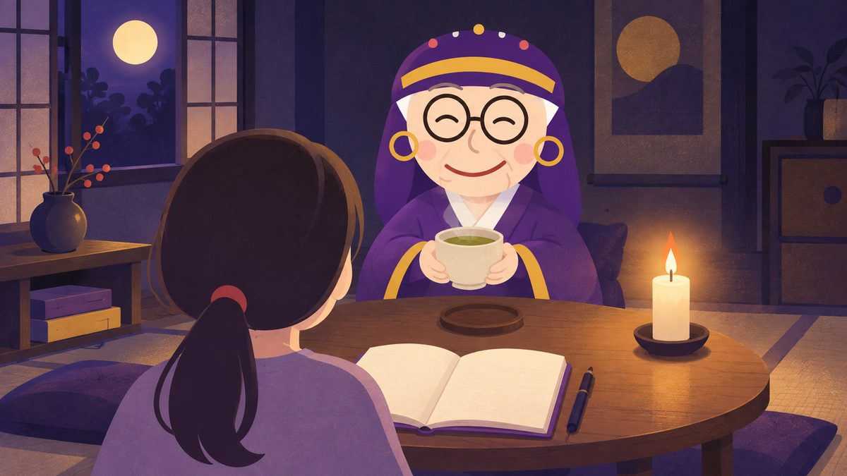 占いババアが小さなちゃぶ台の向こうで湯のみを差し出し、手前にはノートを開いた女性の後ろ姿
