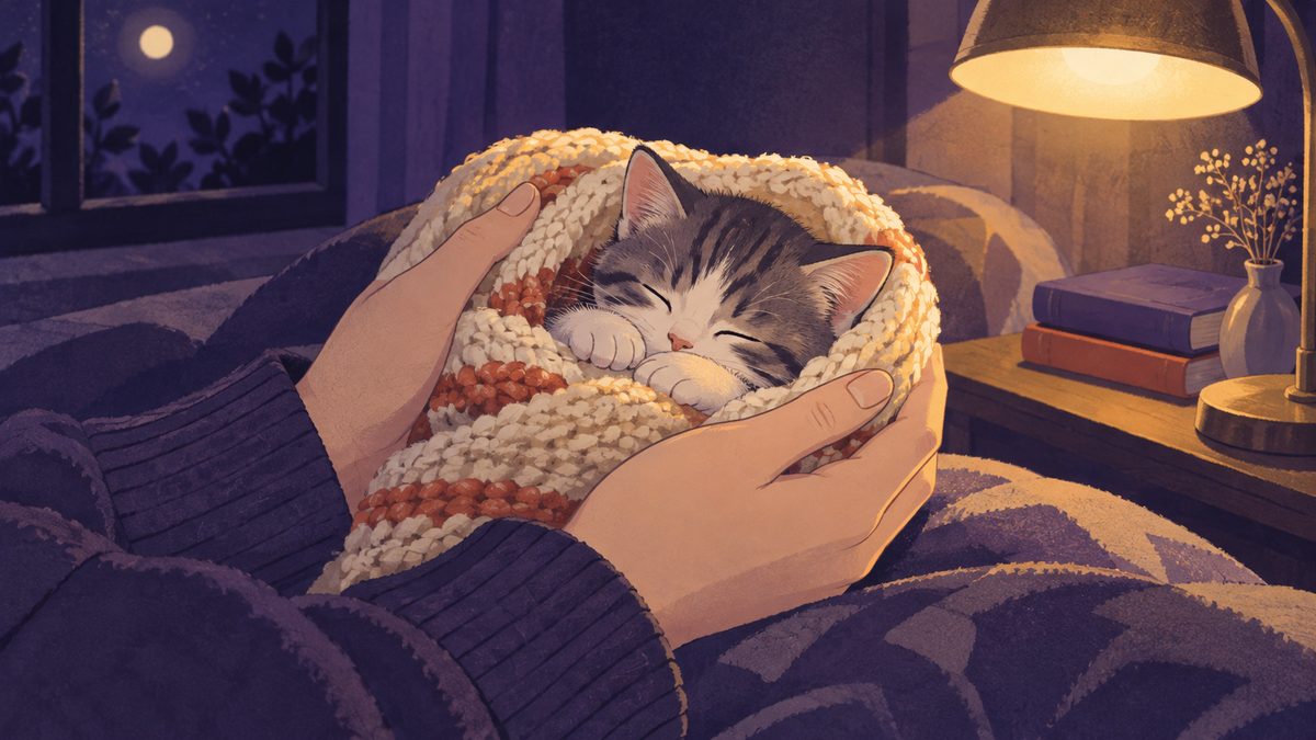 夜の部屋で、女性の両手が毛布にくるまった小さな子猫をそっと包んでいる手元のアップ