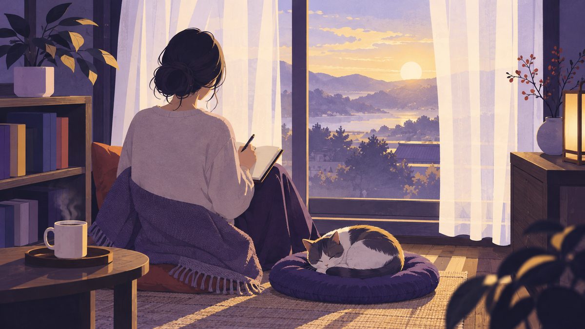 朝の窓辺で、女性がノートに夢のことを書いている後ろ姿
