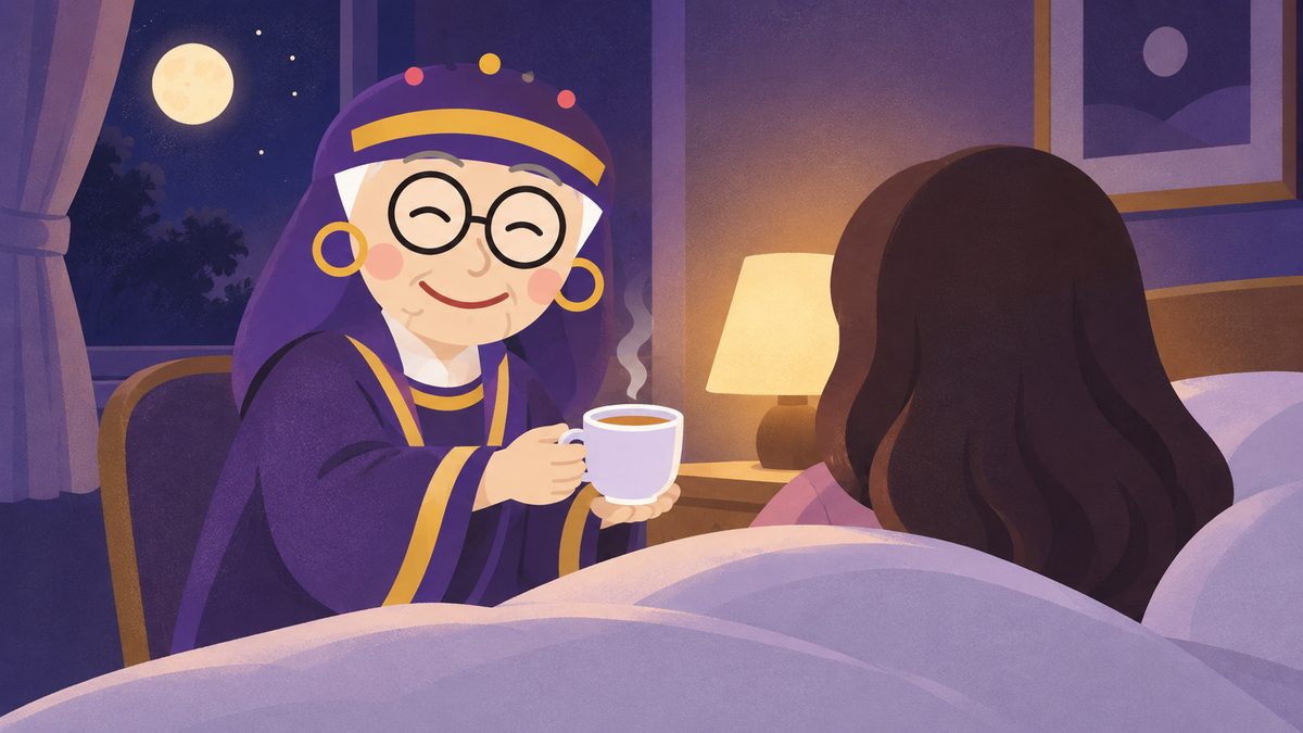 占いババアが、ベッドのそばのいすに座り、毛布をかけて横になる女性にあたたかいお茶をすすめている