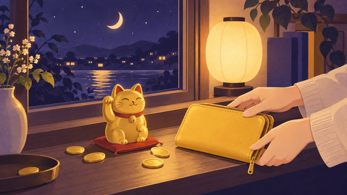 夜の窓辺に置かれた小さな金色の招き猫と、そのまわりにこぼれる数枚の金色の丸い小判