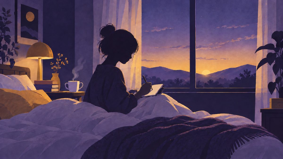 朝の気配が近づく部屋で、女性がベッドの上で小さなノートに夢のことを書きとめている横顔のシルエット