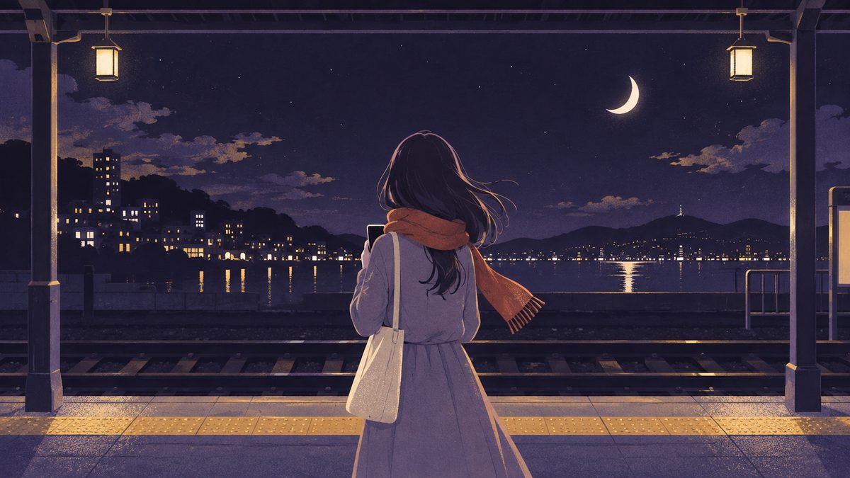 夜の駅のホームで、スマホを胸に当てて立ち止まる女性の後ろ姿。遠くに街の灯り